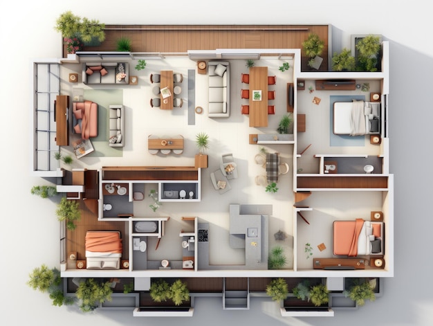 Plan d'étage vue supérieure de l'intérieur de l'appartement Modèles de conception 3D Modèles de haute qualité Generative Ai