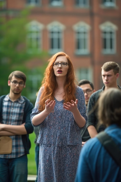 Plan d'une femme transgenre s'adressant à des étudiants universitaires