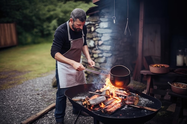 Plan d'un homme cuisinant sur un feu ouvert sur son gril à l'extérieur créé avec une IA générative