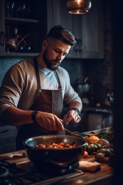 Plan d'un homme cuisinant à la maison créé avec une IA générative