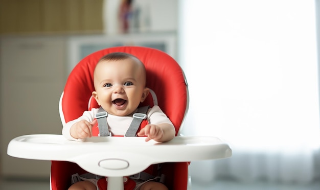 Plan intérieur d'un bébé souriant et positif, assis sur une chaise, s'amusant à l'heure du dîner, joyeux et ludique