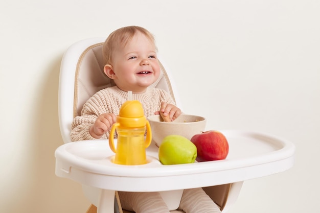 Plan intérieur d'une petite fille satisfaite portant un chandail beige assis dans une chaise haute et mangeant posant isolé sur fond blanc ayant une collation avec des fruits et de la bouillie