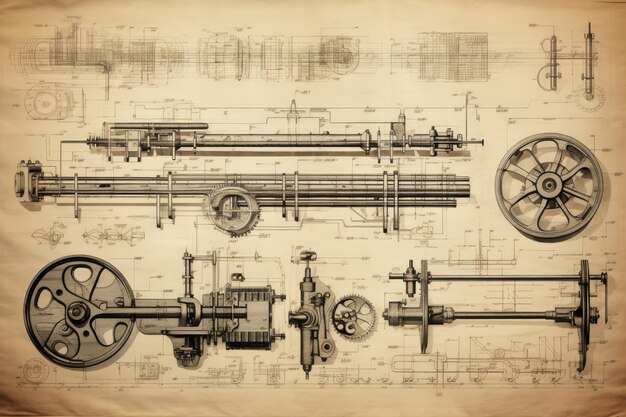 Photo plan d'invention d'un dispositif ou d'une machine technique photo plan d'inventions d'un moteur sur du papier vintage