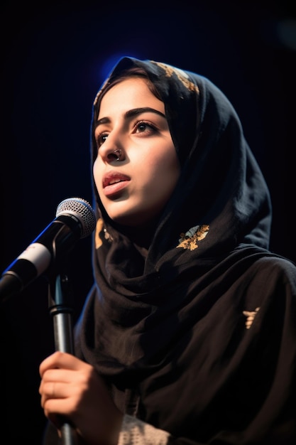 Plan d'une jeune femme musulmane prononçant un discours passionné devant son auditoire