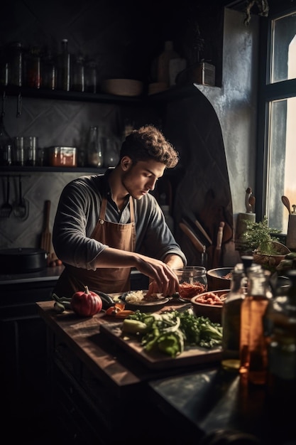 Plan d'un jeune homme préparant des aliments dans une cuisine créée avec une IA générative