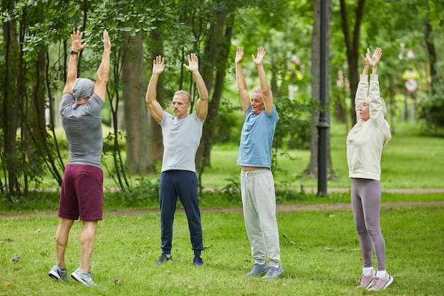 Plan large de personnes âgées actives faisant des exercices d'étirement des mains devant leur entraîneur dans le parc de la ville