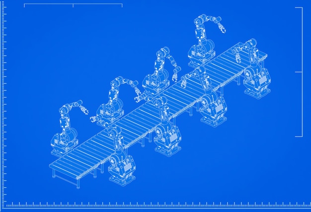 Plan de ligne d'assemblage de robot de rendu 3D avec échelle sur fond bleu