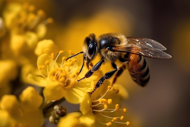 Plan macro sur une abeille sur une fleur de marguerite jaune