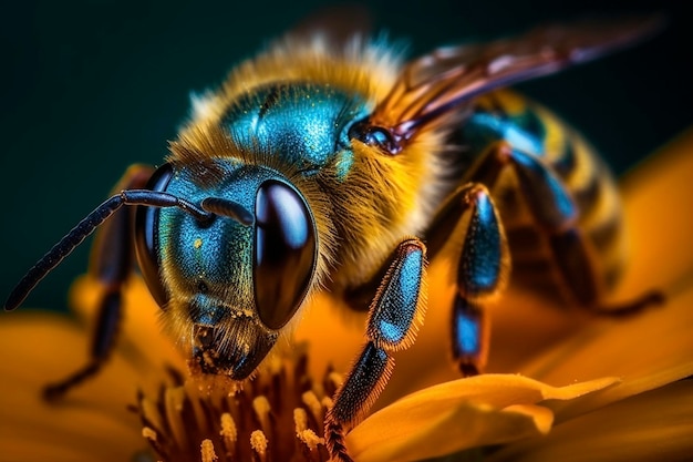 Plan macro d'abeilles collectant du pollen créé avec l'IA générative