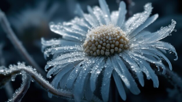 Plan Macro sur cristaux de givre sur Daisy délicat