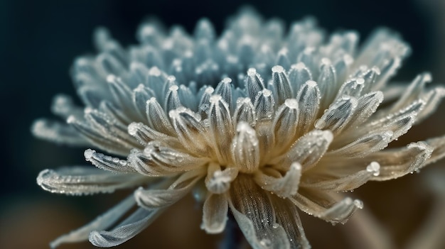 Un plan macro sur des cristaux de givre sur la surface du chrysanthème
