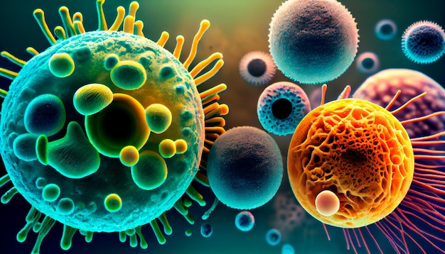 Plan macro sur différents types de microbes Cellules virales et bactéries sur fond abstrait AI générative