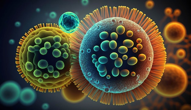 Plan macro sur différents types de microbes Cellules virales et bactéries sur fond abstrait Créé avec ai générative