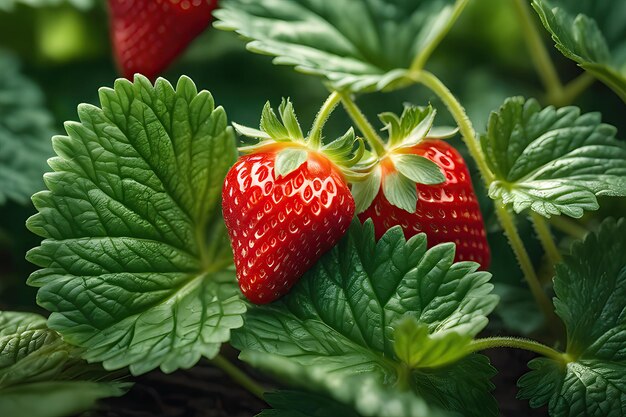 Plan Macro sur feuilles de fraisier fond floral naturel