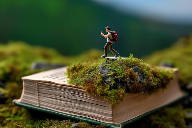 Photo un plan macro sur une figurine d'étudiant miniature en randonnée sur une colline faite d'un livre ouvert ia générative