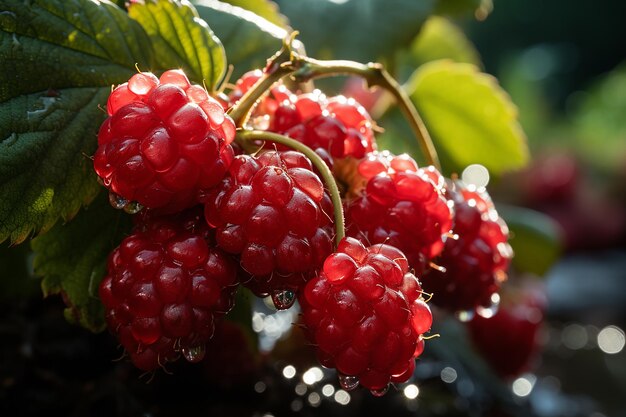 Plan Macro sur des framboises mûres sur une branche