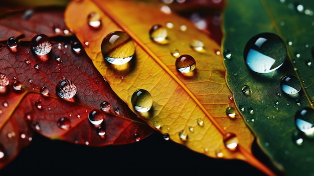 Photo plan macro de gouttes de rosée sur les feuilles d'automne mettant en évidence la variation de texture et de couleur ai générative