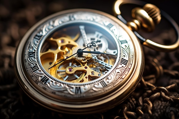 Plan macro sur une montre de poche antique se concentrer sur l'aiguille des minutes