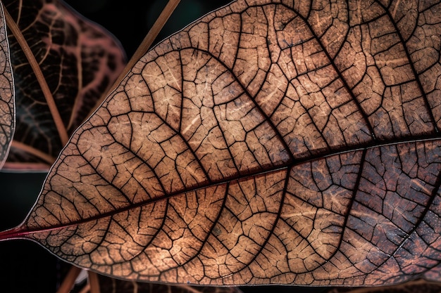 Plan macro sur les nervures et les motifs complexes des feuilles d'une plante à fleurs