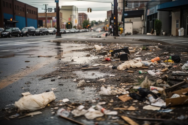 Plan macro sur les ordures et les débris éparpillés dans la rue de la ville