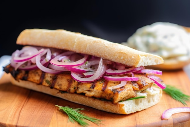 Plan Macro sur un sandwich au tempeh avec oignons sautés