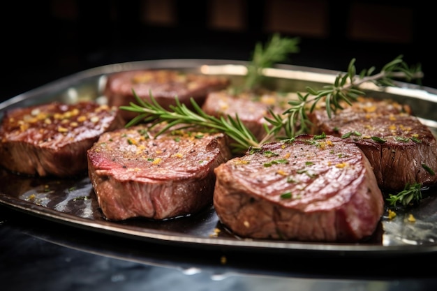 Plan Macro sur des steaks juteux et mi-saignants sur un plateau d'argent