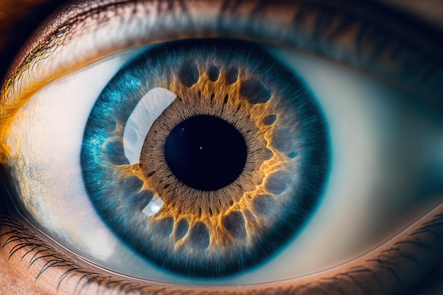 Un plan macro sur une tache brune des yeux hétérochromes dans un œil bleu près des yeux