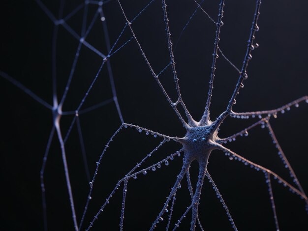 Un plan macro sur une toile d'araignée recouverte de rosée dans la lumière du petit matin