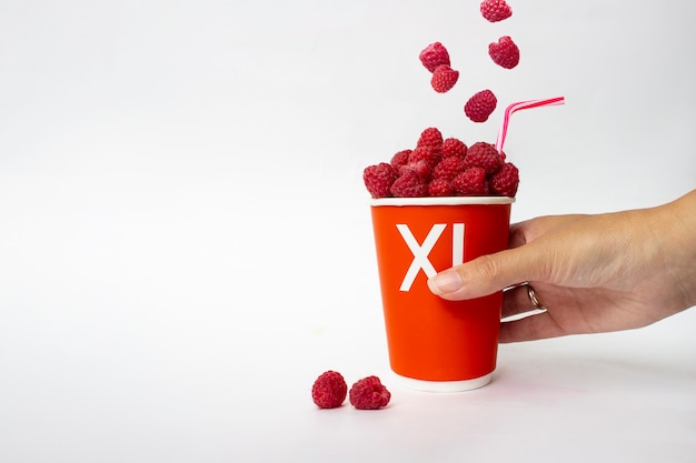 Plan de main tenant une tasse jetable de framboises fraîches sur fond blanc.