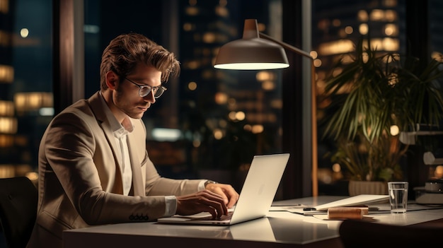 Plan marketing de fin de soirée Homme professionnel tapant sur un ordinateur portable au bureau IA générative