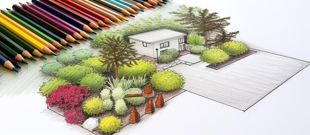 Photo plan de mise en page de la conception du paysage de la maison ou du jardin dessin à l'aide d'un crayon de couleur sur papier blanc et un groupe de crayons de couleur