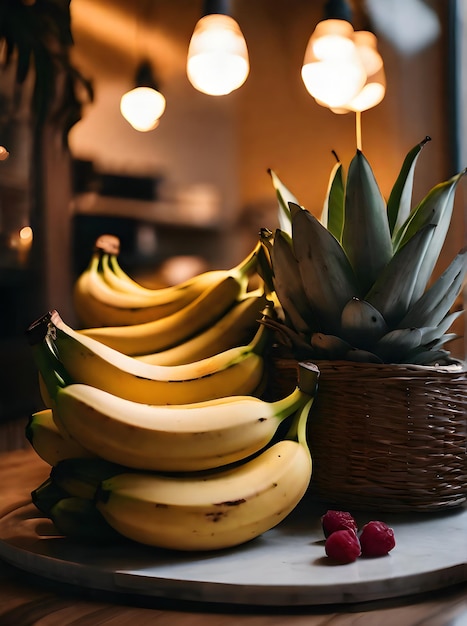 Plan moyen de bananes hyper réalistes dans une palette neutre, éclairage chaleureux Généré par l'IA
