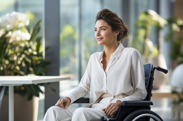 plan moyen une belle femme brune dans un costume d'affaires est assis sur un fauteuil roulant dans le bureau et lo