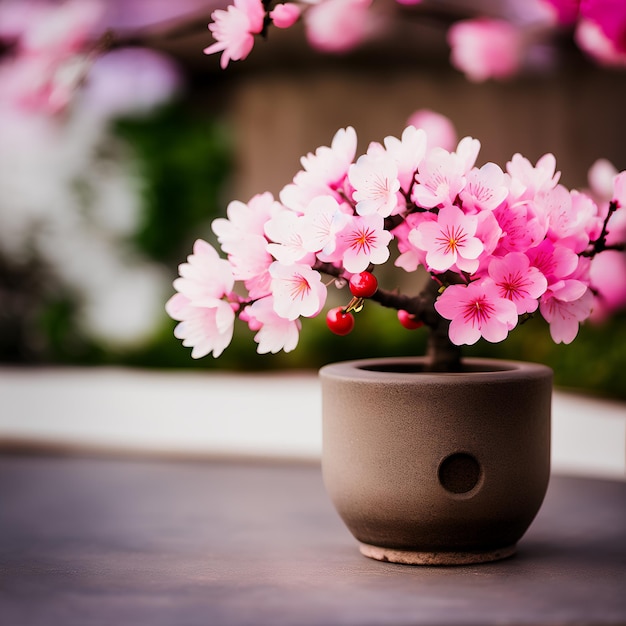 Plan moyen d'un cerisier rose en fleurs à l'intérieur d'un pot