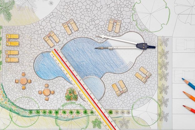 Plan de piscine de jardin d'architecte paysagiste