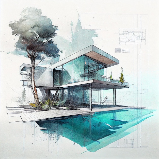 Photo plan de plan de croquis de dessin d'architecture de maison de luxe