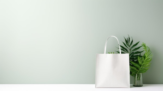 Photo plan pour la conception d'un simple sac d'achat en toile blanche avec des feuilles de plantes vertes