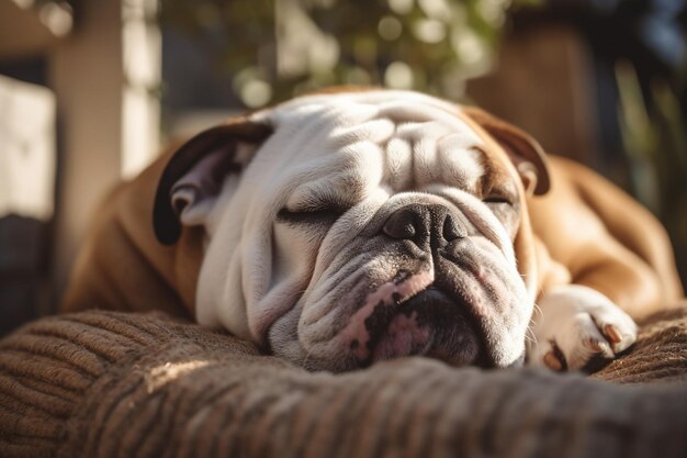 Plan rapproché d'un bouledogue adorable dormant sur des oreillers dans le jardin un jour ensoleillé