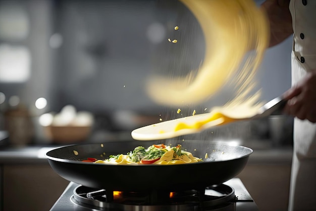 Plan rapproché des chefs renversant l'omelette dans la cuisine chaude et moderne