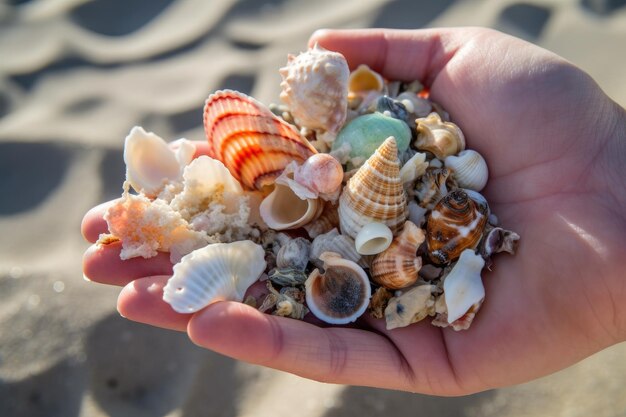 Plan rapproché des coquillages et d'autres trésors de plage à la main créés avec l'IA générative