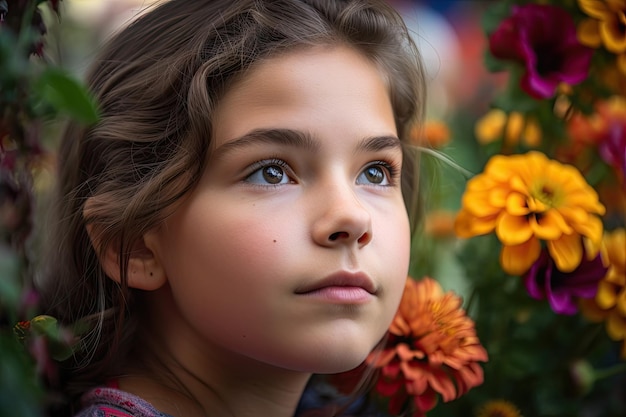 Plan rapproché du visage de filles avec le jardin des fleurs colorées à l'arrière-plan