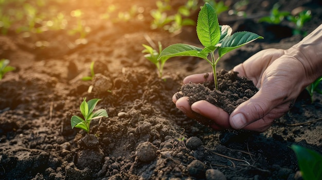 plan rapproché de la main d'une personne tenant un sol abondant avec une jeune plante à la main pour l'agriculture ou la plantation de pêches concept de nature