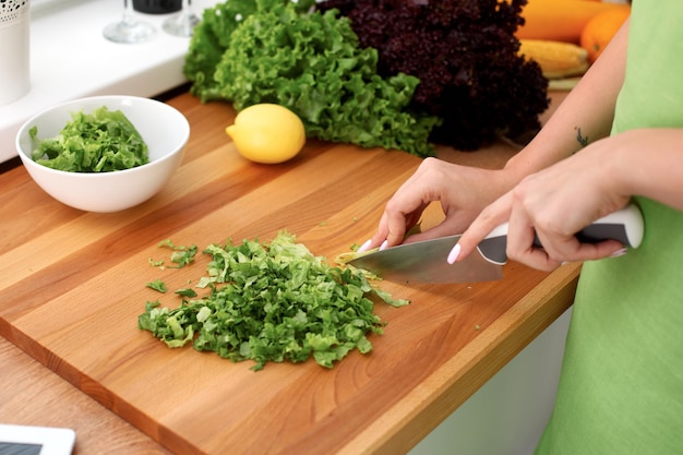 Plan rapproché des mains de femme faisant cuire la salade de légumes dans la cuisine Repas sain et concept végétarien