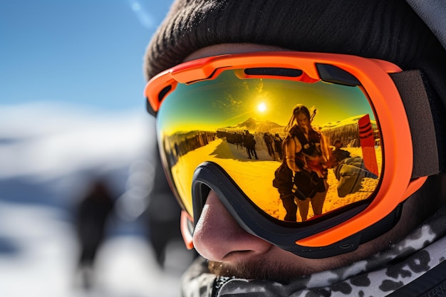 un plan rapproché d'une personne avec ses lunettes de ski