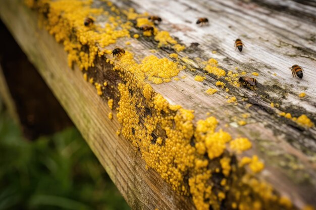 Plan rapproché d'une planche en bois couverte d'une couche de pollen créée avec l'IA générative