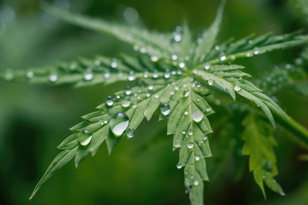 Plan rapproché de plante de cannabis avec des gouttelettes d'eau sur son feuillage