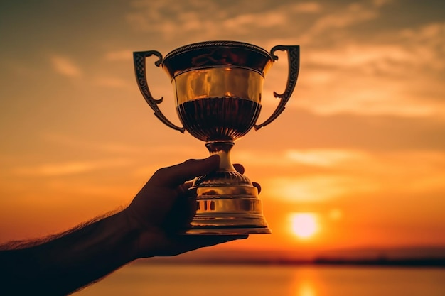 Plan rapproché d'un trophée entre les mains d'un homme au coucher du soleil