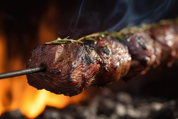 Plan recadré de boeuf sur une brochette sur un barbecue créé avec une IA générative