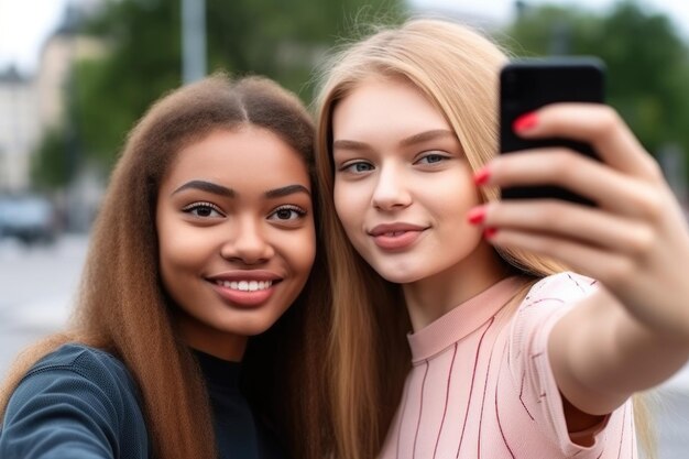 Photo plan recadré de deux jeunes militantes prenant un selfie ensemble à l'extérieur