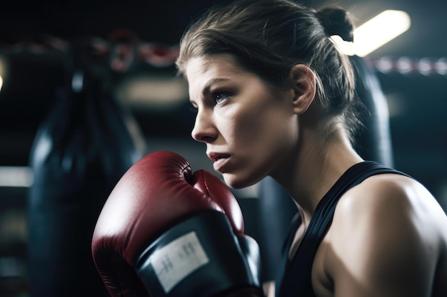 Plan recadré d'une femme boxant sur le ring créé avec une IA générative